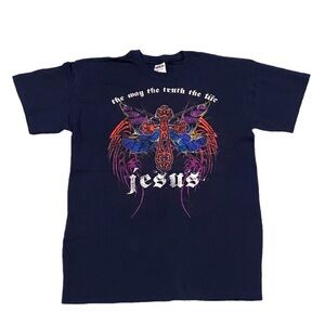 Vintage 90’s Jesus Church Shirt Size M Way Truth & Life Navy Cross Tee by Gildan